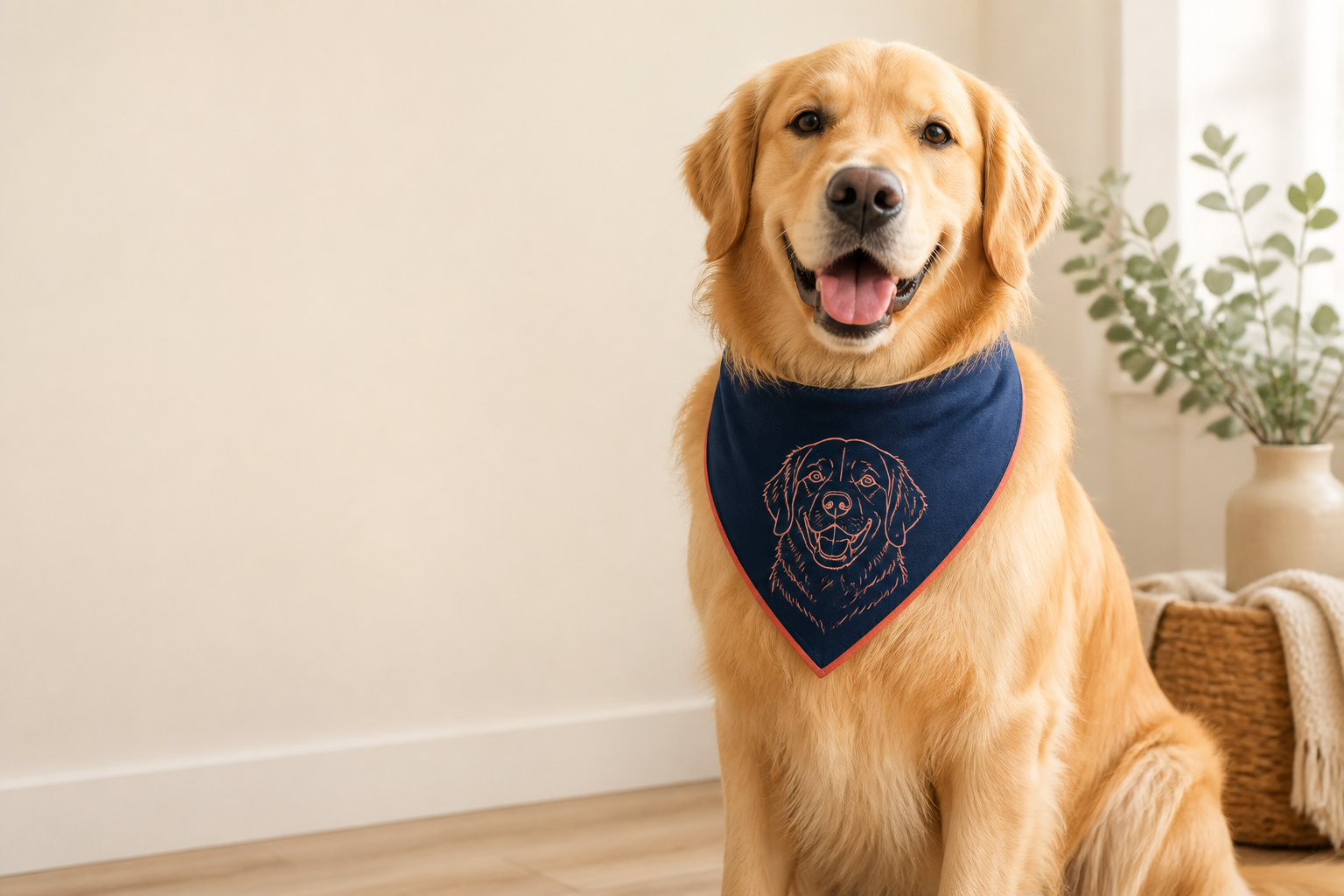 Golden retriever wearing a portrait bandana