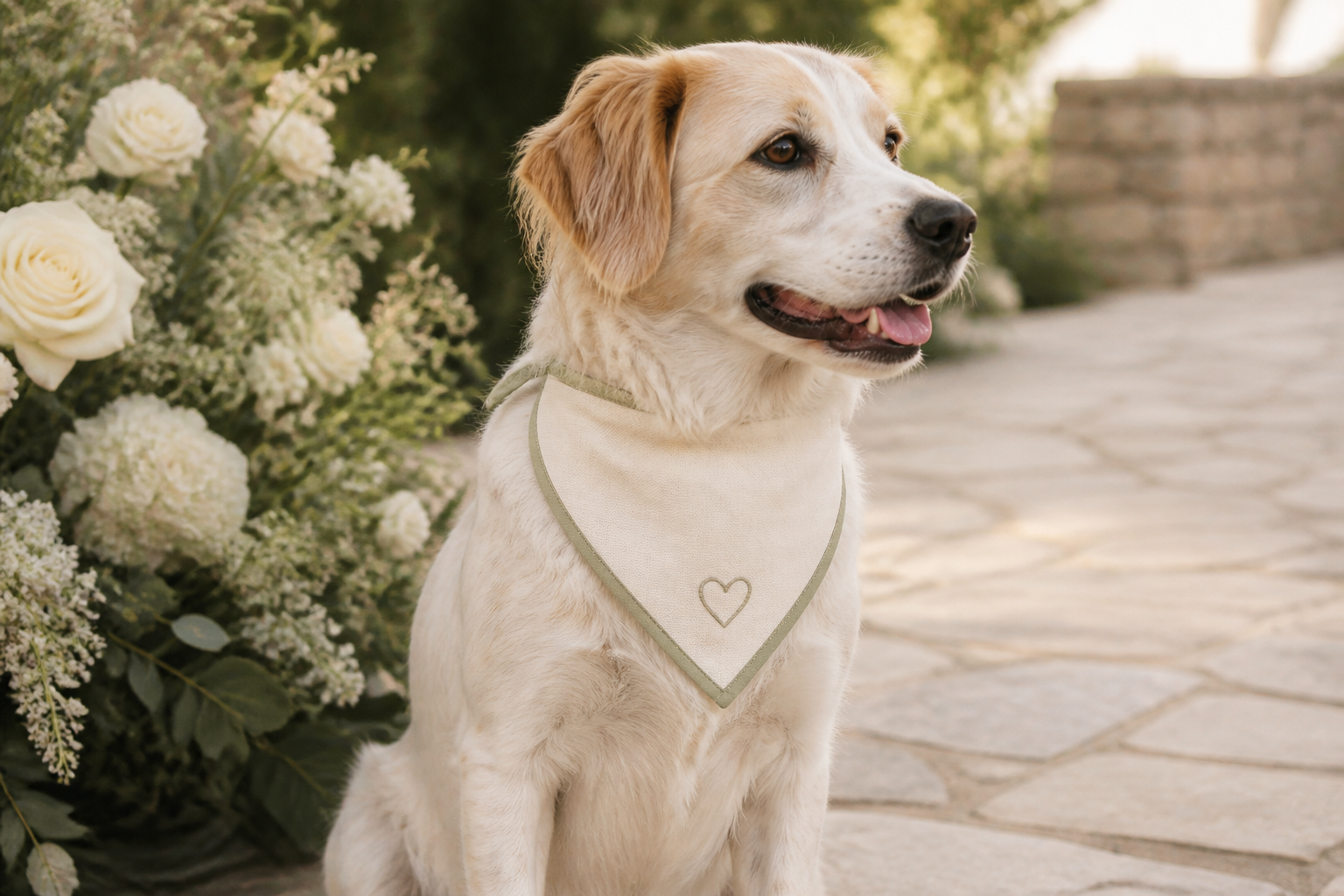White and tan dog wearing an ivory wedding bandana